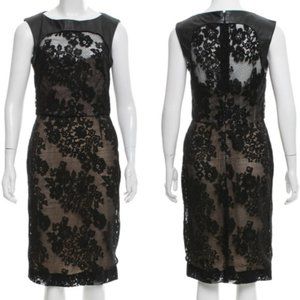 {Monique Lhuillier} Black Lace Leather Trim Dress